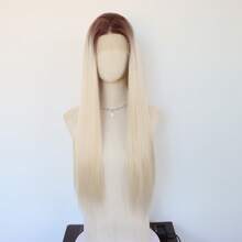 13*4 HD Transparent Lace Front Straight Synthetic Wig, 30 Inch Brown Root Ombre Blonde Glueless Heat Resistant Wig, 180% Density Smooth Wig, Suitable For Daily Wear, Festivals And Parties - Two-Tone - View 6