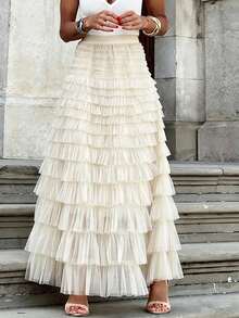 New Arrival French Style Long Skirt For Women, Autumn, European And American Elegant Solid Color High Waist Tulle Puff Skirt Spring - Apricot - View 5