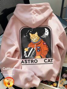 بلوزة نسائية بقلنسوة من الصوف الناعم، رسمة قطة رائد فضاء ونص "ASTRO CAT"، أسلوب Y2K، خريف/شتاء - أحمر رملي - مشاهدة 1