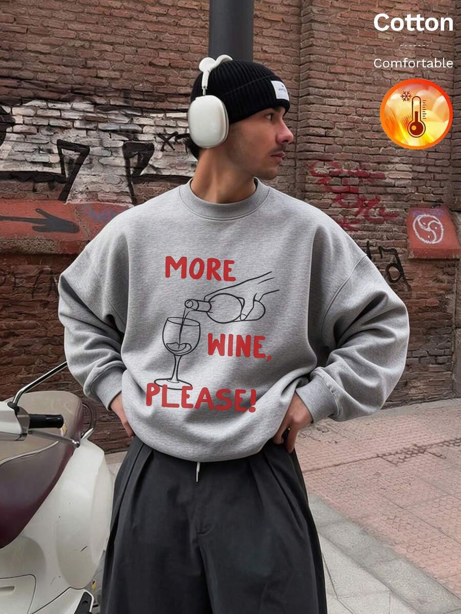 Men's Fleece Crew Neck Sweatshirt, Wine Pouring Print, MORE WINE PLEASE Text, Y2K Style, Autumn/Winter - Heather Gray - View 1