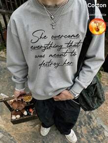 Autumn Winter Men's Fleece-Lined Crewneck Sweatshirt With English Letter Print Y2K - Heather Gray - View 3