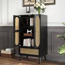 WF316082BAA)Compact Sideboard (1.1 M), Rattan Design, Black, 2 Doors, 1 Drawer, Display Cabinet, Dining Room Cabinet, Shelving, - Versatile Storage Solutions - Black - View 4