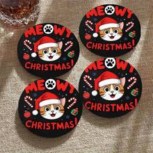 4pcs Christmas Cat Meowy Candy Cane & Snowflake Wooden Coasters With Red Bow - Suitable For Holiday Table Decor, Cat Lover Gift, Holiday Winter Home Decor, Charming Cat Design With Paw Print - View 6