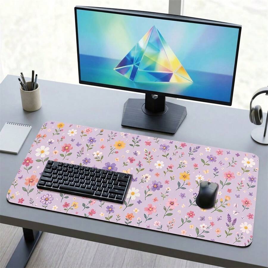 Purple Floral Extra Long Mouse Pad, Gaming Office Home Art Design, Gift For Friends And Family, Rubber Base, PC Laptop Study Desk Mat, Multiple Sizes, Computer Keyboard Pad, Non-Slip Durable Smooth Surface - A - View 1