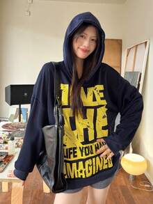 Navy Blue Letter Print Loose Fit American Vintage Style Pullover Hooded Sweatshirt For Women, Casual Lazy Look, Spring And Autumn - Navy Blue - View 2
