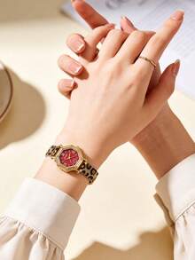 1pc Vintage Red Octagonal Light Luxury Quartz Watch For Women, Featuring A Gold Alloy Case And A Leopard-Print Metal Mesh Strap,Daily Wear& As A Gift - Red - View 6