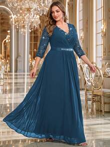 Plus V Neck Sequin Floral Lace 3/4 Sleeve Contrast Rhinestones Ribbon Waist Chiffon Ruched Hem Formal Party Dress For Wedding Guest, Graduation - Dusty Blue - View 5