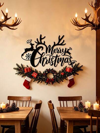 1pc Merry Christmas Letter Reindeer Snowflake Wall Decor Black Silhouette Wall Hanging Decoration Suitable For Home Living Room Bedroom Christmas Party Holiday Decoration Prop Gift