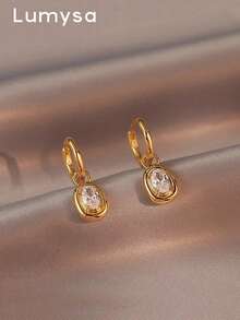 1 Pair Elegant Minimalist Geometric Design Cubic Zirconia Inlaid Shiny Luxury Earrings For Women Daily Commute And Casual Wear - Yellow Gold - View 1