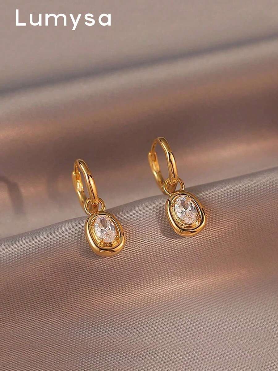 1 Pair Elegant Minimalist Geometric Design Cubic Zirconia Inlaid Shiny Luxury Earrings For Women Daily Commute And Casual Wear - Yellow Gold - View 1
