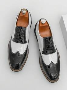 New Men's Oxford Gold & Black Colorblock Brogue Shoes, British Style Lace-Up Comfortable Pointed Toe Shoes, Back To School Footwear - Black and White - View 12