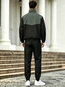 1 Set Men's Spring/Autumn Black & Green Colorblock Sports Outfit, Zipper Stand Collar Jacket + Cuffed Jogger Pants, 2-Piece Casual Jogging Set - Black - View 2