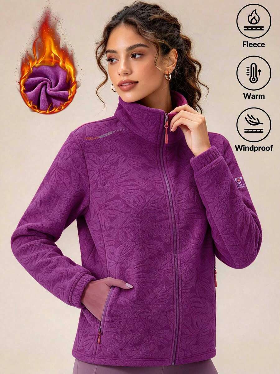Autumn Fashion Women's Outdoor Fleece Jacket, Maple Leaf Pattern, Thick Zipper Pocket Design, Fleece Jacket Autumn Outfit - Red Violet - View 1