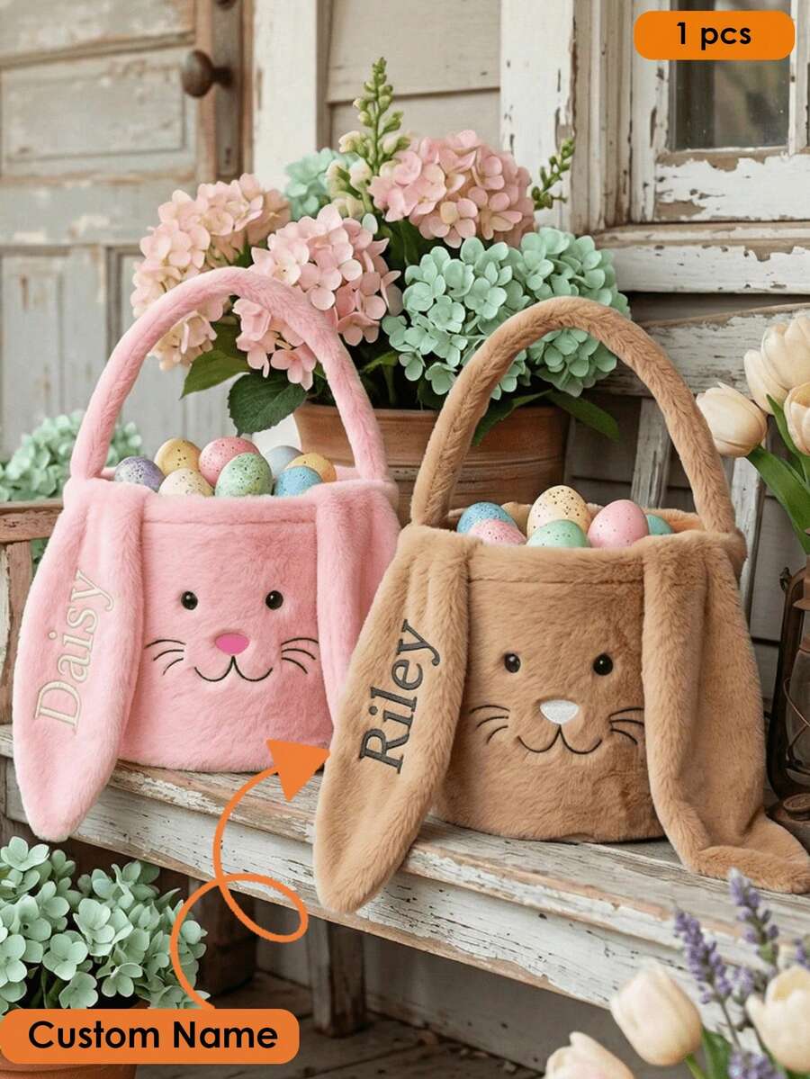 TONGFANTECH Customizable Text Long-Eared Rabbit Storage Basket, Multi-Functional Home Storage, Easter Egg Hunt Hand-Carried Basket - Multicolor - View 1