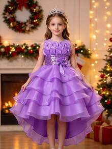 Tween Girl Sequin Patchwork Multi-Layer Tulle High-Low Tail Dress, Wedding Graduation Ceremony Puff Princess Gown, All Seasons - Mauve Purple - View 2