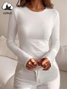 Women's Round Neck Long Sleeve T-Shirt, Slim Fit Regular White Basic Casual T-Shirt - White - View 5