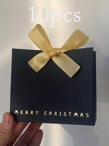10pcs Merry Christmas Mini Gift Bags With Ribbon, Black Green Red 3 Colors, Gold Foil Letters, Easy Assembly, Suitable For Party Favors, Chocolates, Candies, Cookies, Jewelry And Small Gifts, Holiday Gift Packaging - Multicolor - View 12