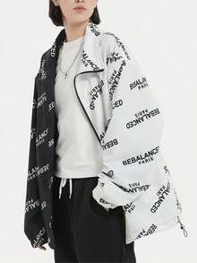 1pc Women's Sports Outdoor Style Letter Print Colorblock Baseball Jacket Zip-Up Cardigan Cycling Climbing Top Loose Fit Adjustable Hem - Black and White - View 6