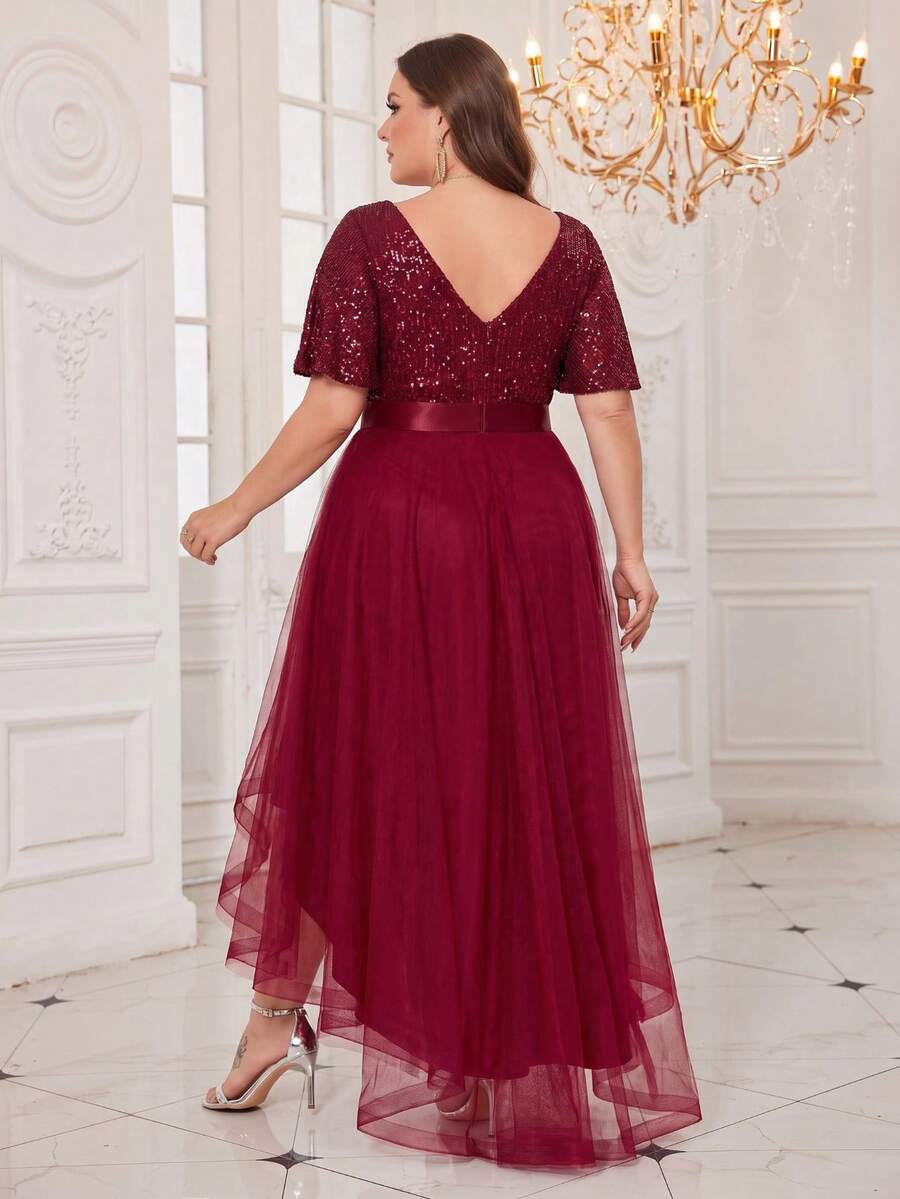 XUCTHHC Plus Size Elegant Party V-Neck Ruffle Sleeve Sequin High-Low Hem Mesh Skirt Formal Ball Gown, Wedding Guest, Cocktail Party, Holiday, Autumn/Winter - Burgundy - View 1