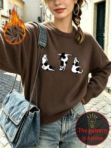 Plus-Size Women's Knitted Imitation Sweater, Abstract Cow Print, Casual And Comfortable, Round Neck Long Sleeves, Suitable For Autumn And Winter Wear. - Brown - View 1