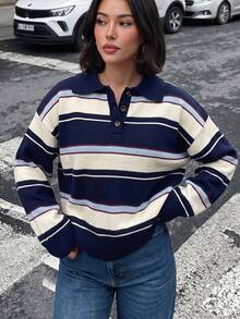 Striped Polo Knit Sweater, Long Sleeve Navy Blue Pullover, Ribbed Trim, Relaxed Fit, Casual Everyday Preppy Fall Winter Outfit For Women - Navy Blue - View 2