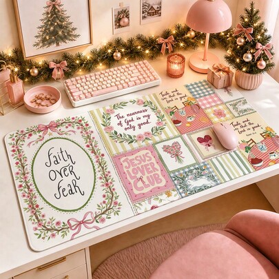 1pc Pink Floral Ribbon Patchwork Desk Mat, Multi-Purpose Makeup Nail Art Table Pad, Large Non Slip Desktop Protector S/M/L/XL