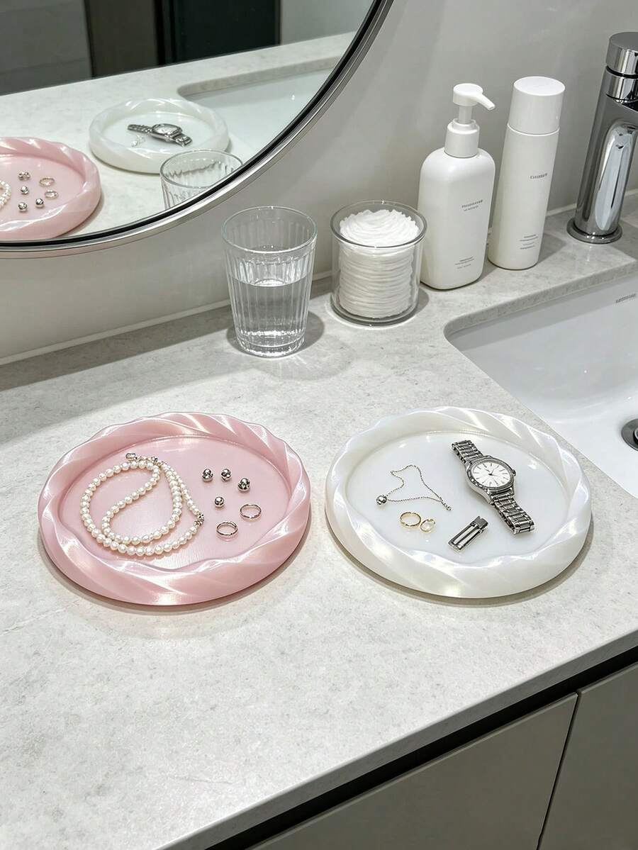 3D Printed Wavy Edge Jewelry Storage Tray, Pink And White Fresh Color Scheme, Rounded Wavy Edge, Can Hold Necklaces, Rings, Watches, Dressing Table Jewelry Organizer, Exquisite Luxury Desktop Decorative Tray