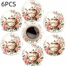 6pcs Pink Rose & Berry Pattern Wooden Heat-Insulating Coasters - Flat Design Suitable For Mugs, Wooden Pulp Material Tabletop Protection Pads, Kitchen Dining Table Decor, Home Decor, Valentine's Day & Easter Gifts, 2D Flat Design - View 6