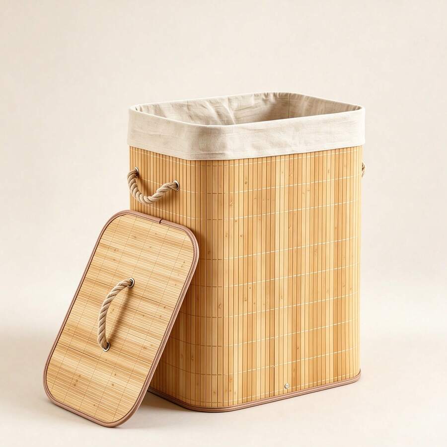 1pc Large Bamboo Woven Foldable Laundry Basket With Lid