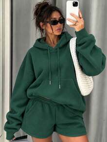 Women's Loose Drawstring Pocket Sweatshirt, Long Sleeve Pullover Sweatshirt, Suitable For Autumn/Winter Wear - Green - View 3