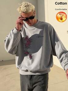 Men's Thermal Lined Crew Neck Sweatshirt With Printed Text Decoration, Y2K Style, Autumn/Winter - Heather Gray - View 4