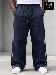 Men's Plus Size Navy Blue Side White Stripe Wide Leg Long Pants Drawstring Elastic Waist Casual Straight Leg - Blue - View 2