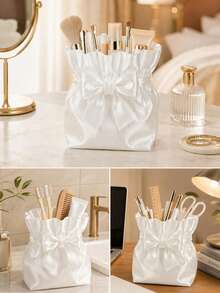 Cute Bow Satin Makeup Brush Holder, 3D Printed Storage Decor, Bow Pen Holder Storage Tube, Pleated Silky Makeup Storage Cup, Decorative Desktop Storage Container Suitable For Vanity, Girls Makeup Accessories - Multicolor - View 5