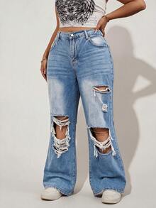 Plus Size Casual Daily Denim Jeans With Pockets And Buttons, Distressed High Waist Design, Suitable For Women's Autumn Fashion, Disco And Party Wear - Blue - View 3