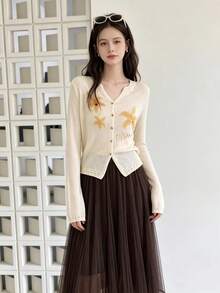 1pc Women's Korean Style Knitted Cardigan Jacket, Printed Pattern, Autumn Thin Layering Knit Top - Yellow - View 2