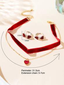Valentine's Day 3 PiecesJewelry Set: Choker Necklace, Gold Heart Pendant Necklace, And Heart Stud Earrings - Red - View 6