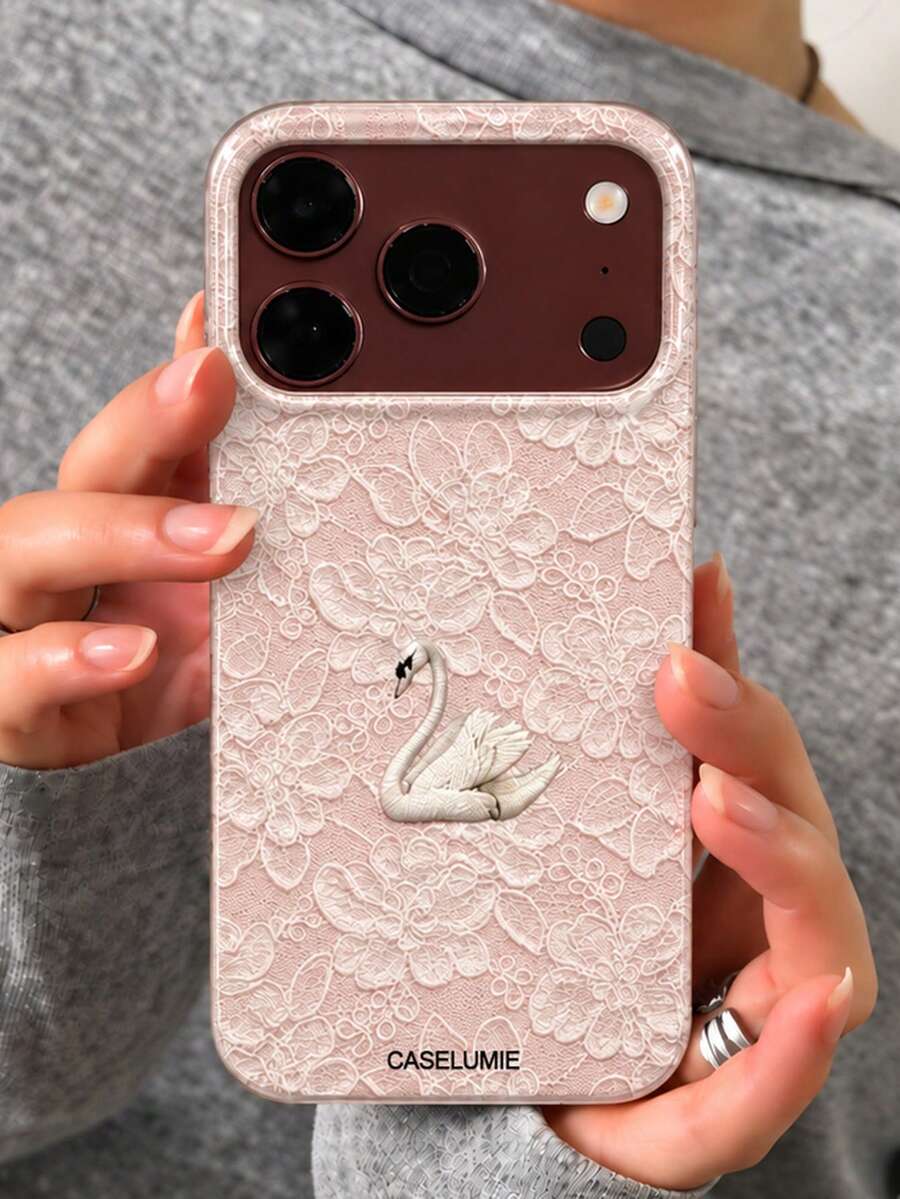Luxury Elegant Swan Lace Flower Floral Pattern Phone Case Compatible With IPhone 18 Pro Max 18 Pro 17 Pro Max 17 Pro 17 16 Pro Max 16 Pro 16 15 Pro Max 15 Pro 15 14 Pro Max 14 Pro 14 13 Pro Max 13 Pro 13 12 11 Simple Vintage Lace Soft Protective Back Cover - Pink Lace - View 1