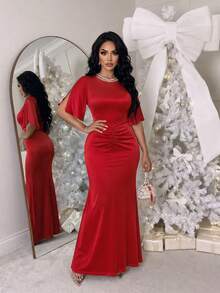 AIJ Women's Elegant Satin Round Neck Ruffle Sleeve Mermaid Long Dress, Front Waist Pleated Design, Red Long Mermaid Evening Gown, Suitable For Formal Dinner Party, Wedding Guest Dress - Red - View 10