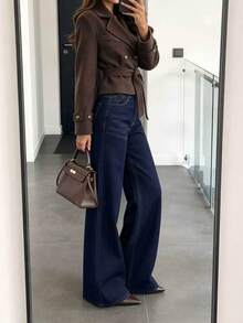 Quần jean denim nữ cạp vừa màu tối, ống đứng, co giãn vừa, trang phục mùa thu - Xanh đậm - Xem 2