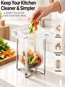 New Portable Foldable Stainless Steel Trash Can Rack, Floor-Standing Kitchen Trash Rack Storage Organizer, Space-Saving Kitchen Countertop Storage Shelf, Convenient Waste Disposal And Storage, Portable Minimalist Kitchen Desktop Trash Can - View 3