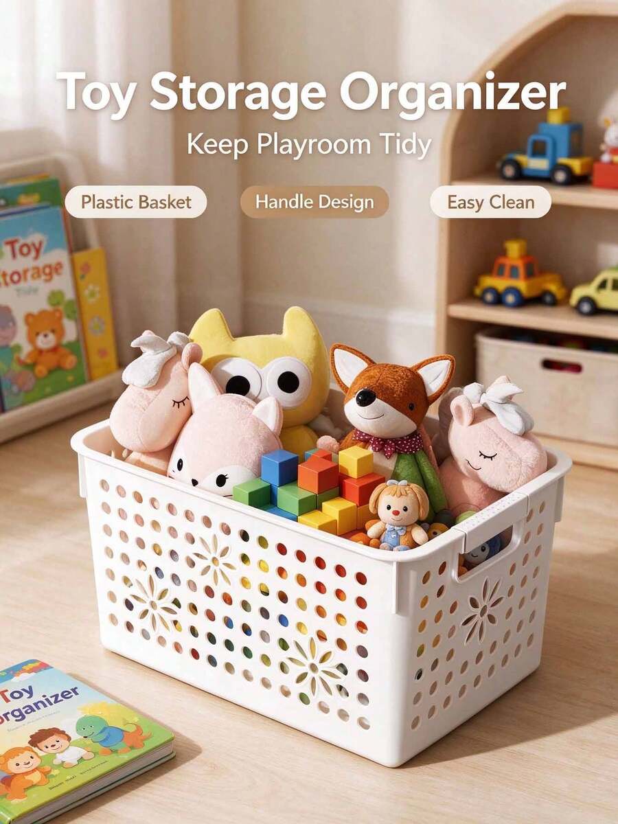 White Hollow Plastic Storage Basket With Floral Cutout Pattern And Handle, Multi-Functional Home Organizer Bin For Toys, Clothes, Sundries, Suitable For Bedroom, Living Room, Closet And Game Room - Multicolor - View 1