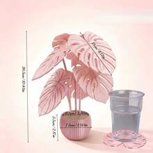 6Pcs Monstera Leaf Coaster Set With Planter Holder, Modern Green Stackable Non-Slip Beverage Coaster Set, Suitable For Living Room Office Desktop, Aesthetic Style - Multicolor - View 3
