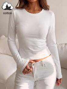 Women's Round Neck Long Sleeve T-Shirt, Slim Fit Regular White Basic Casual T-Shirt - White - View 4