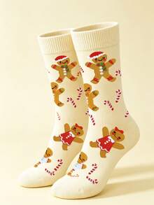 1 Pair Women's Christmas Holiday Style Cartoon Gingerbread Man Comfortable Versatile Mid-Calf Socks - Beige - View 2