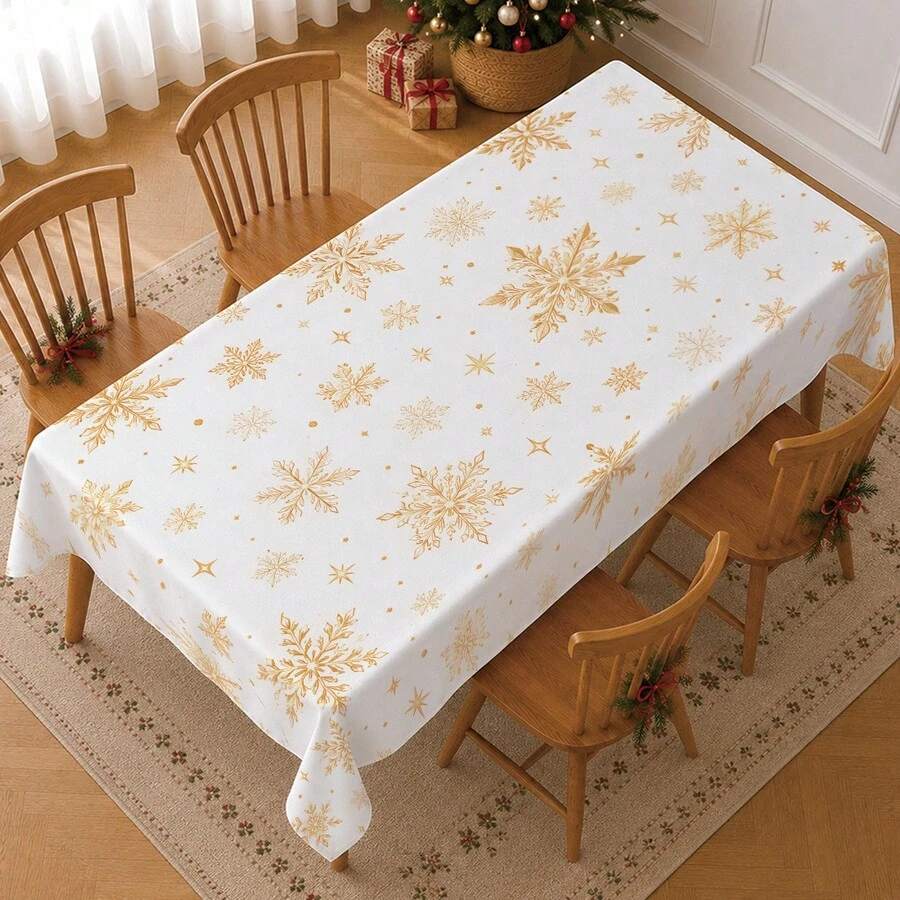 1pc Winter Christmas Minimalist Gold Snowflake Pattern Tablecloth, Stain-Resistant Dining Table Decor Cloth, Suitable For Kitchen, Dining Table, Coffee Table, TV Cabinet, Entryway, Party Holiday Decoration, Home Decor, Christmas Gathering - Multicolor - View 1
