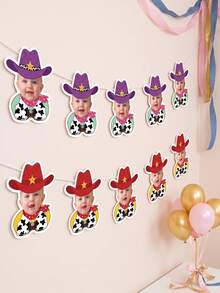 6/9/12pcs Custom Photo Cowboy Banner, Baby 1st Birthday Photo Banner With Western Cowboy Hat, Custom Kid Wild West First Birthday Backdrop Decoration - Multicolor - View 5