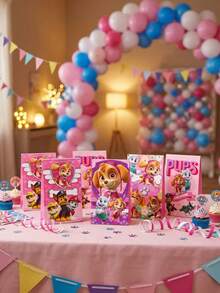 12Pcs Pink Paw Patrol Cartoon Print Paper Gift Bags, Foldable Candy Treat Goodie Bags, Multipurpose Wrapping Storage Bags For Party Favor Holiday Present Packaging - Multicolor - View 1