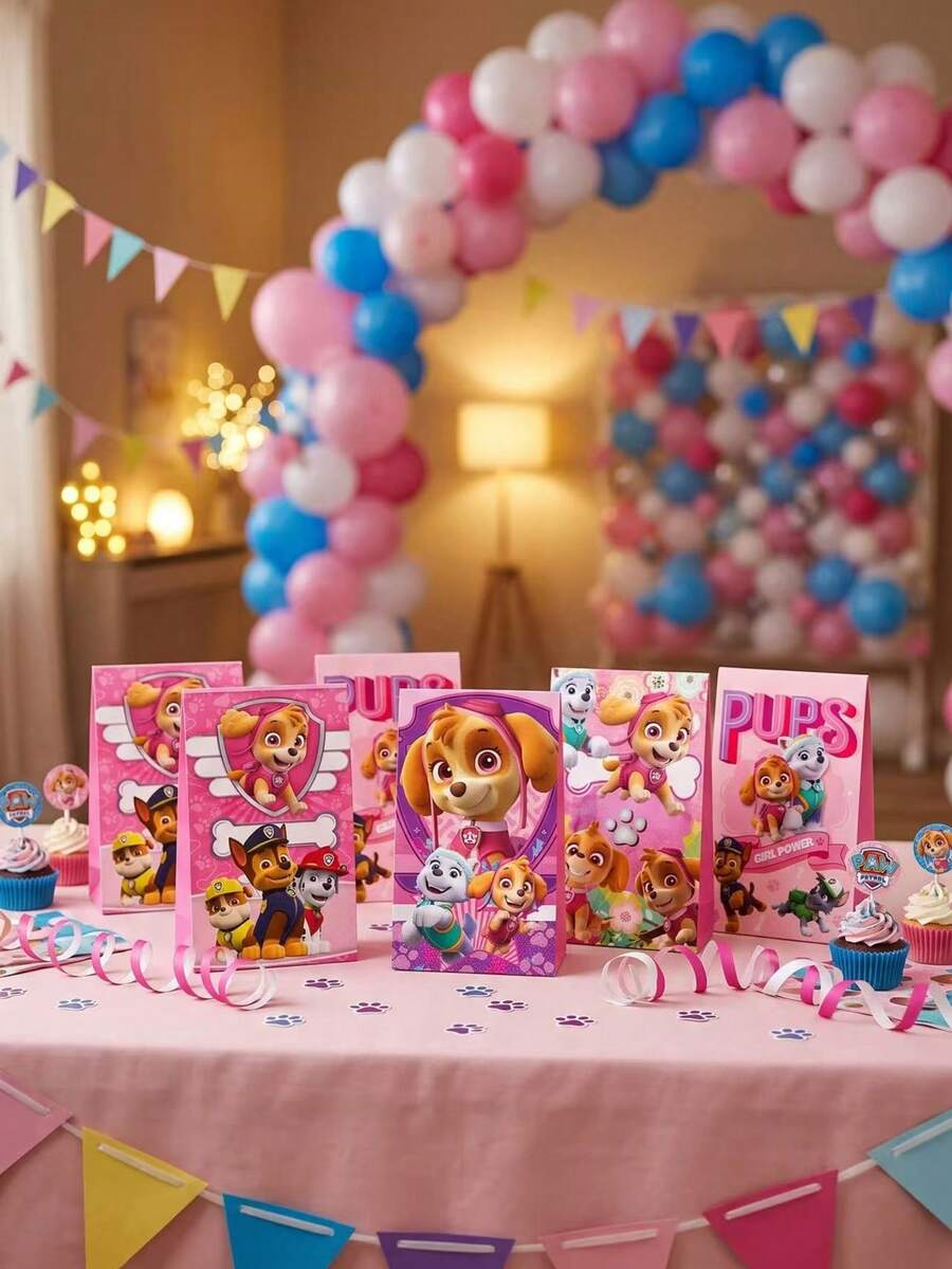 12Pcs Pink Paw Patrol Cartoon Print Paper Gift Bags, Foldable Candy Treat Goodie Bags, Multipurpose Wrapping Storage Bags For Party Favor Holiday Present Packaging - Multicolor - View 1