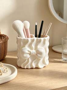 3D Printed Wavy Bow Makeup Brush Holder, 3D Wavy Texture With Full Bow Design, Dual Compartment Design, Can Separately Store Makeup Brushes And Lip Gloss, Sweet Pink Decor For Vanity - Multicolor - View 14