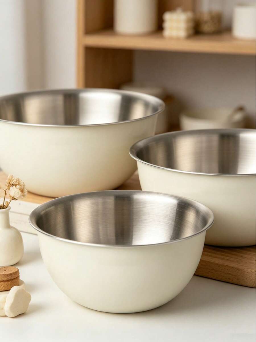 Cream White Coated Stainless Steel Mixing Bowl, Thickened Prep Basin For Home Use, Brushed Stainless Steel Interior, Smooth Wide Rolled Rim, Scratch-Resistant, Stackable Space-Saving Set, Suitable For Baking, Whipping, Salad Mixing, Marinating, Vegetable Washing, Easy To Clean, Minimalist Fresh Design For Kitchen Prep And Table Display, 1pc/3pcs - Cream - View 1